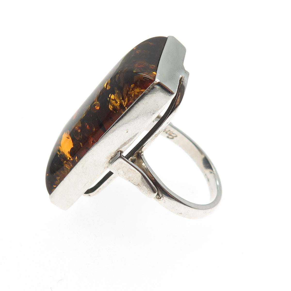 925 Sterling Silver Vintage Poland Real Amber Modernist Ring Size 6.75