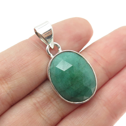 925 Sterling Silver Vintage Real Oval-Cut Emerald Pendant