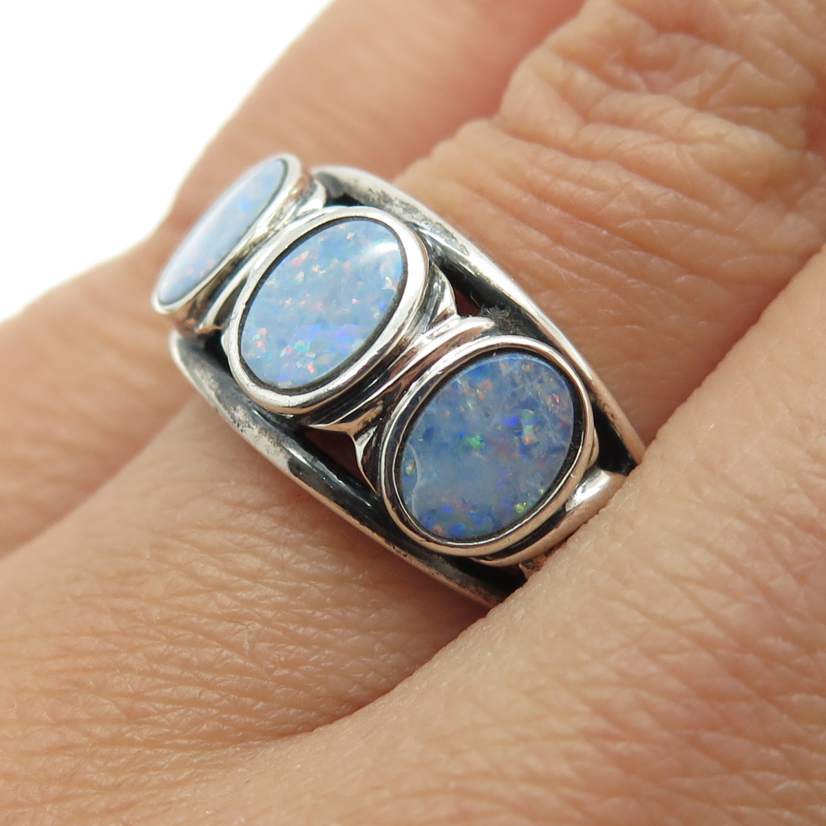 MICHELLE ALBALA 925 Sterling Silver Vintage Real Opal Oxidized Ring Size 7