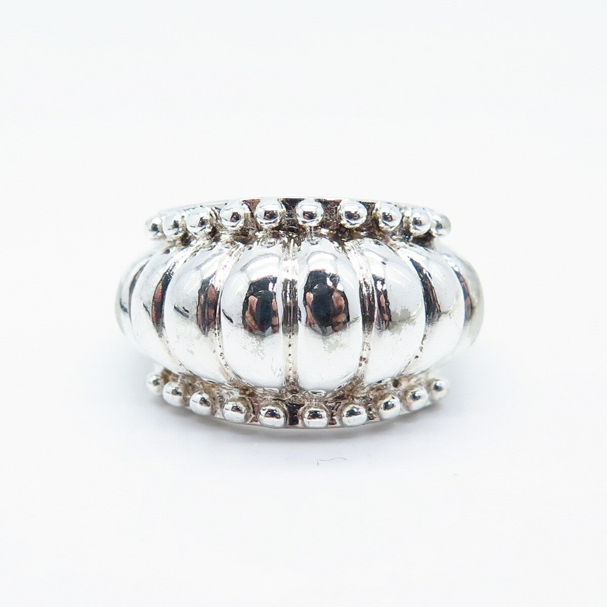 925 Sterling Silver Ribbed Beaded Ring Size 7.25