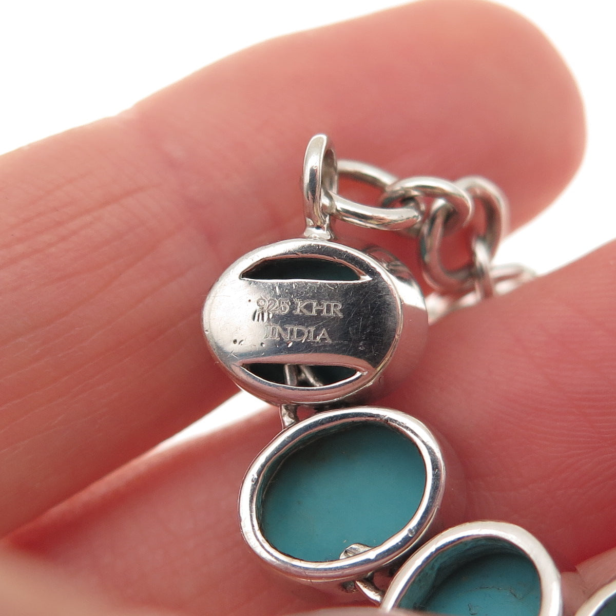 925 Sterling Silver Real Cabochon Tyrone Turquoise Link Bracelet 6-7"
