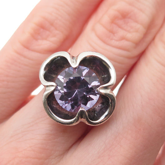 925 Sterling Vintage Mexico Lab-Created Peacock Sapphire Floral Ring Size 5.75