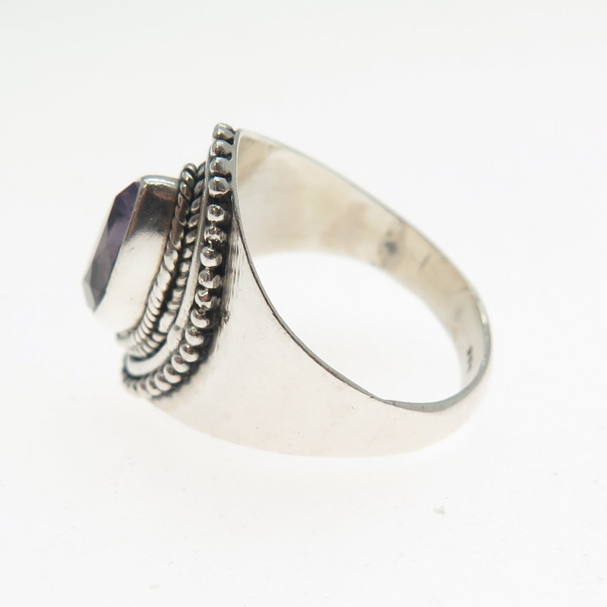 925 Sterling Silver Vintage Real Marquise-Cut Amethyst Beaded Ring Size 6