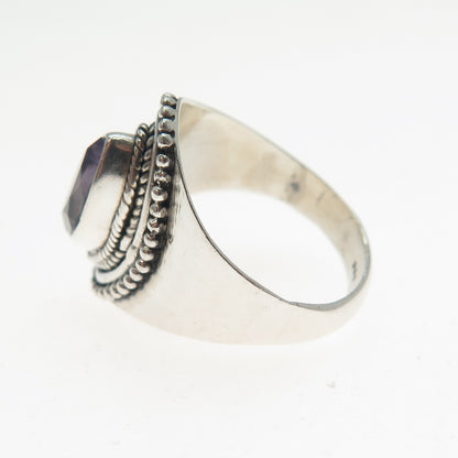 925 Sterling Silver Vintage Real Marquise-Cut Amethyst Beaded Ring Size 6