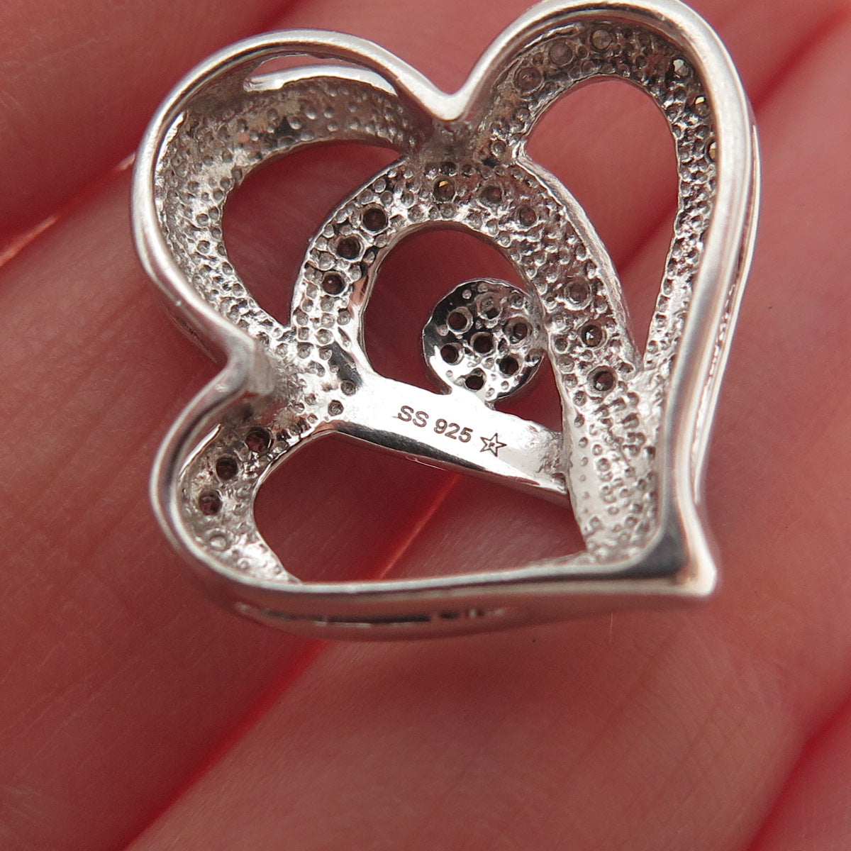 925 Sterling Silver Real Round-Cut Diamond Heart Couple Mini Slide Charm Pendant
