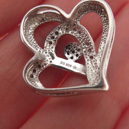 925 Sterling Silver Real Round-Cut Diamond Heart Couple Mini Slide Charm Pendant