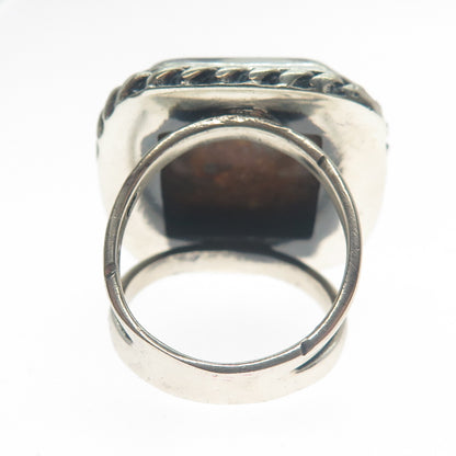 925 Sterling Silver Vintage Real Jasper Twisted Bezel Oxidized Ring Size 7.75