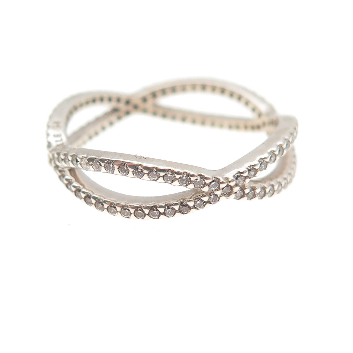 Pandora 925 Sterling Silver Round-Cut C Z Crossed Paths Ring Size 8.25