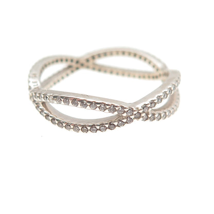Pandora 925 Sterling Silver Round-Cut C Z Crossed Paths Ring Size 8.25