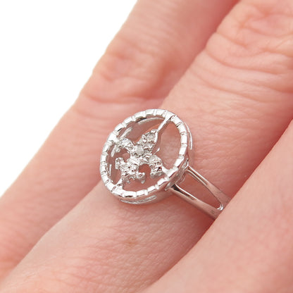925 Sterling Silver Real Round-Cut Diamond Fleur de Lis Ring Size 6