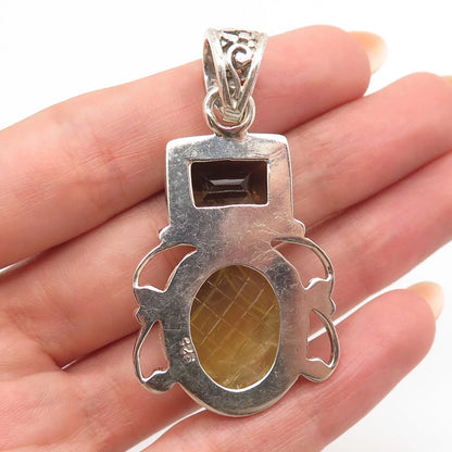 925 Sterling Silver Vintage Real Smoky Quartz & Lemon Citrine Gem Pendant