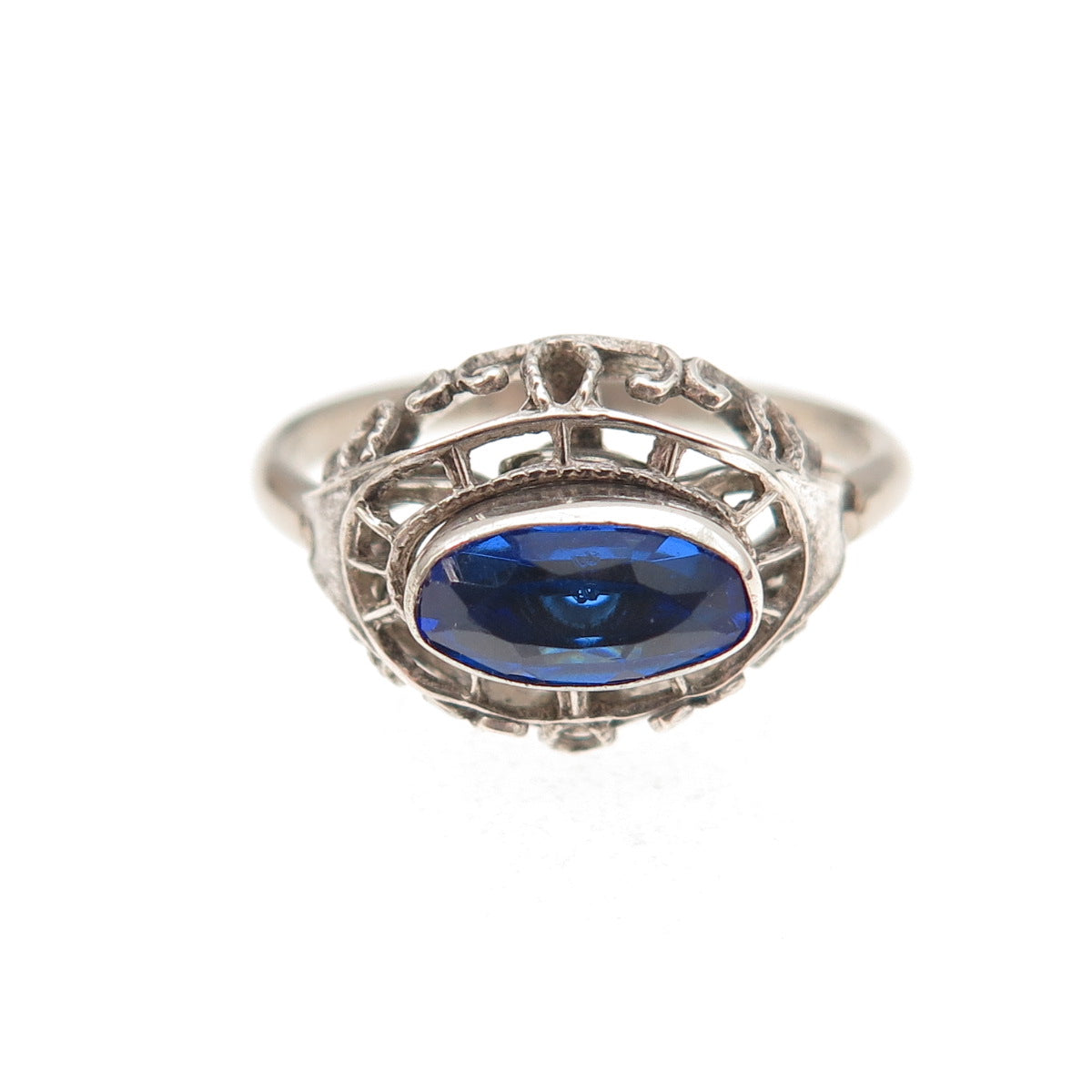 925 Sterling Silver Antique Art Deco Blue Rhinestone Oxidized Ring Size 5.5