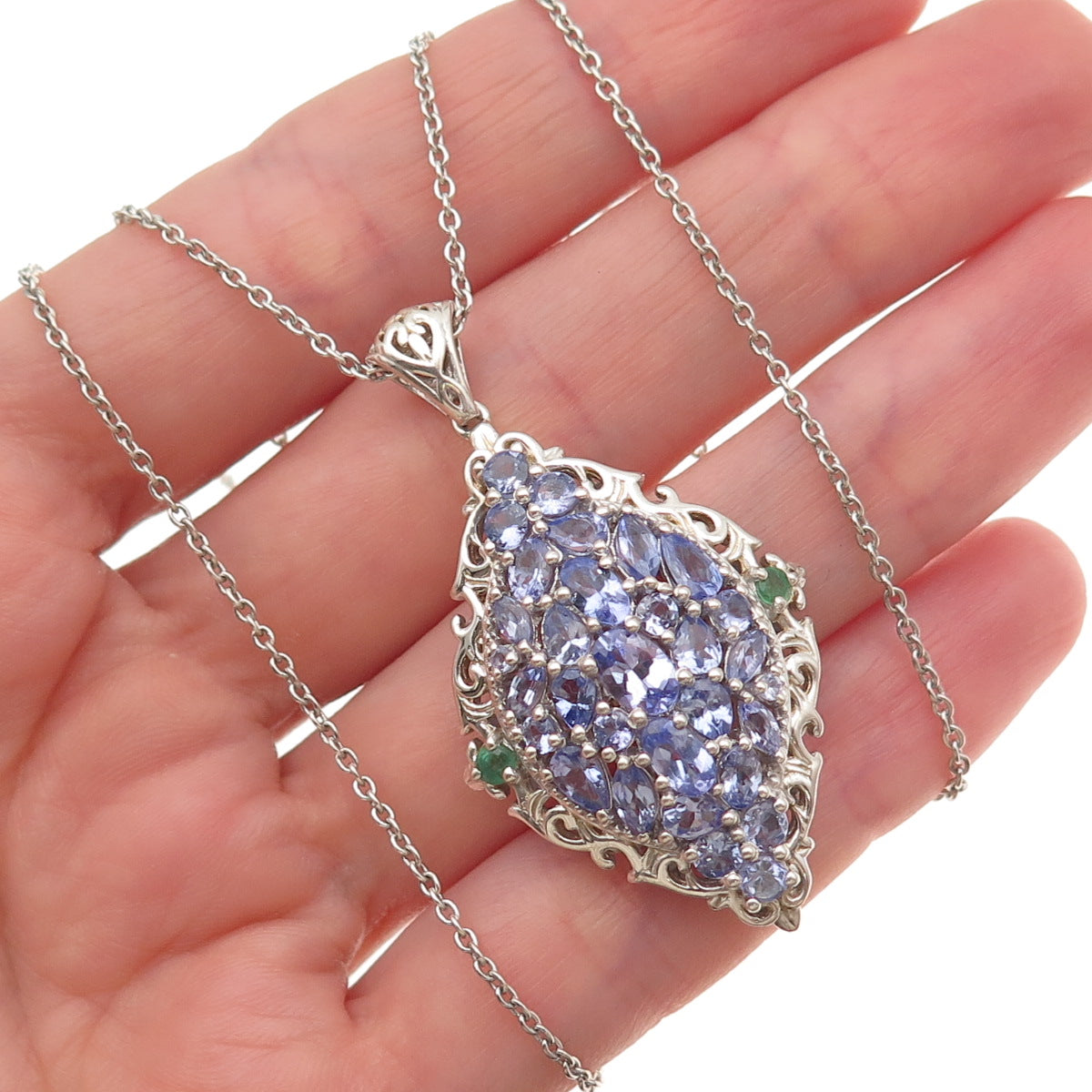 Chuck Clemency Sterling Silver Real Tanzanite & Emerald Cable Chain Necklace 20"