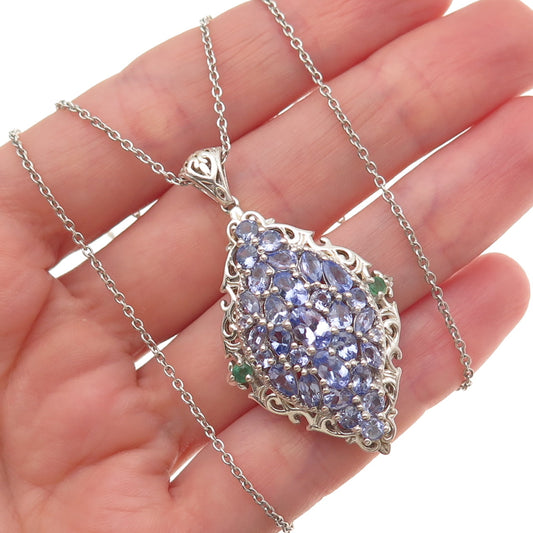 Chuck Clemency Sterling Silver Real Tanzanite & Emerald Cable Chain Necklace 20"