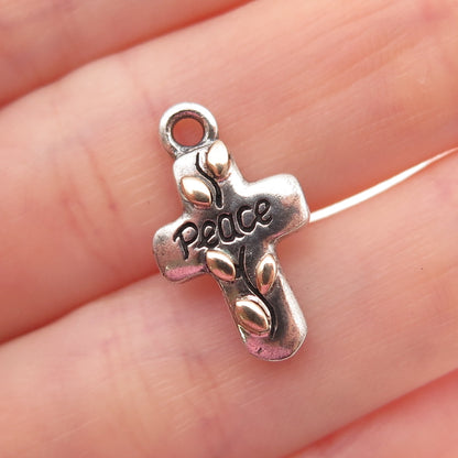 925 Sterling Silver 14K Gold Vintage Peace Floral Cross Oxidized Charm Pendant