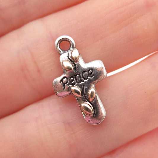 925 Sterling Silver 14K Gold Vintage Peace Floral Cross Oxidized Charm Pendant