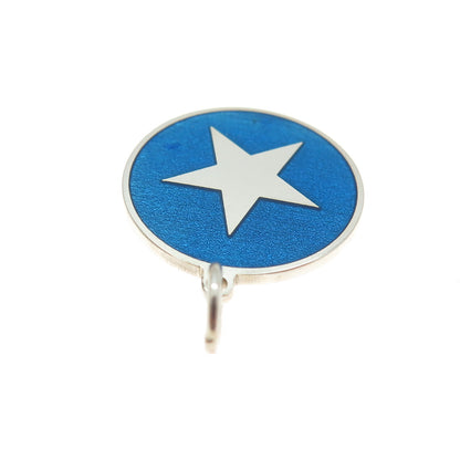 925 Sterling Silver Blue Enamel Star Minimalist Round Tag Charm Pendant