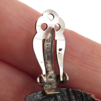 925 Sterling Silver Vintage Modernist Flame Oxidized Clip On Earrings