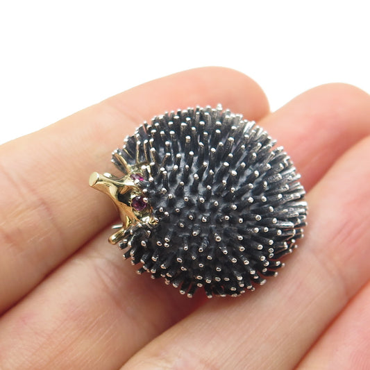 WE Edwards 14K Gold & Sterling Silver Vintage Ruby Hedgehog Oxidized Pin Brooch