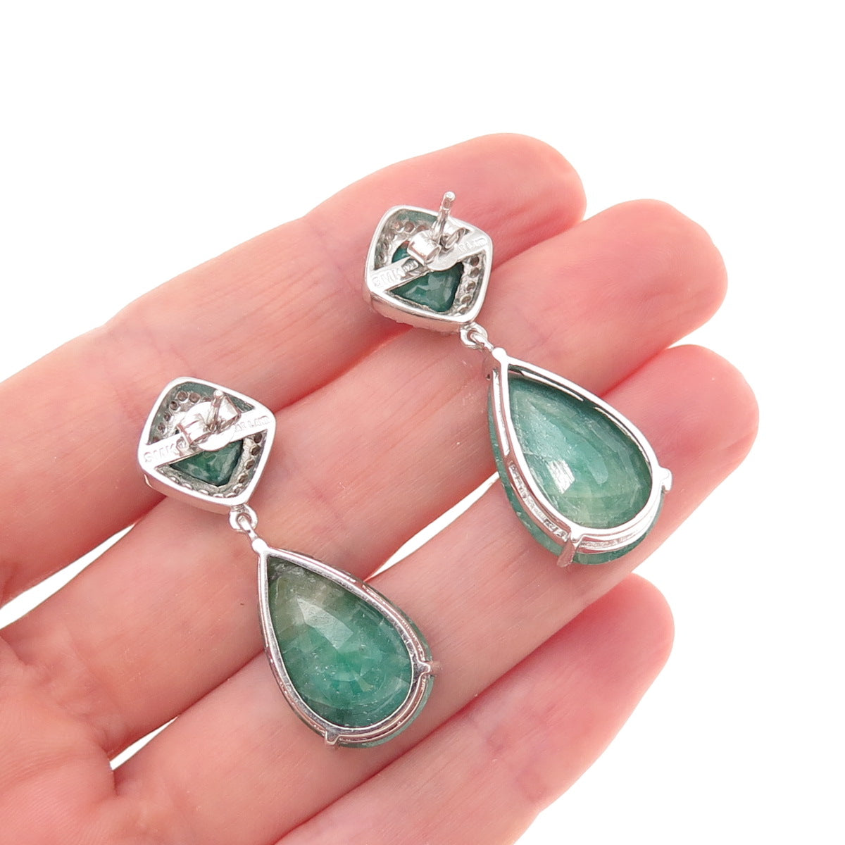 925 Sterling Silver Real Diamond & Emerald Teardrop Dangle Earrings
