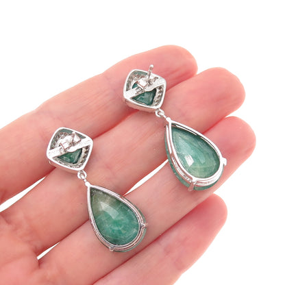 925 Sterling Silver Real Diamond & Emerald Teardrop Dangle Earrings