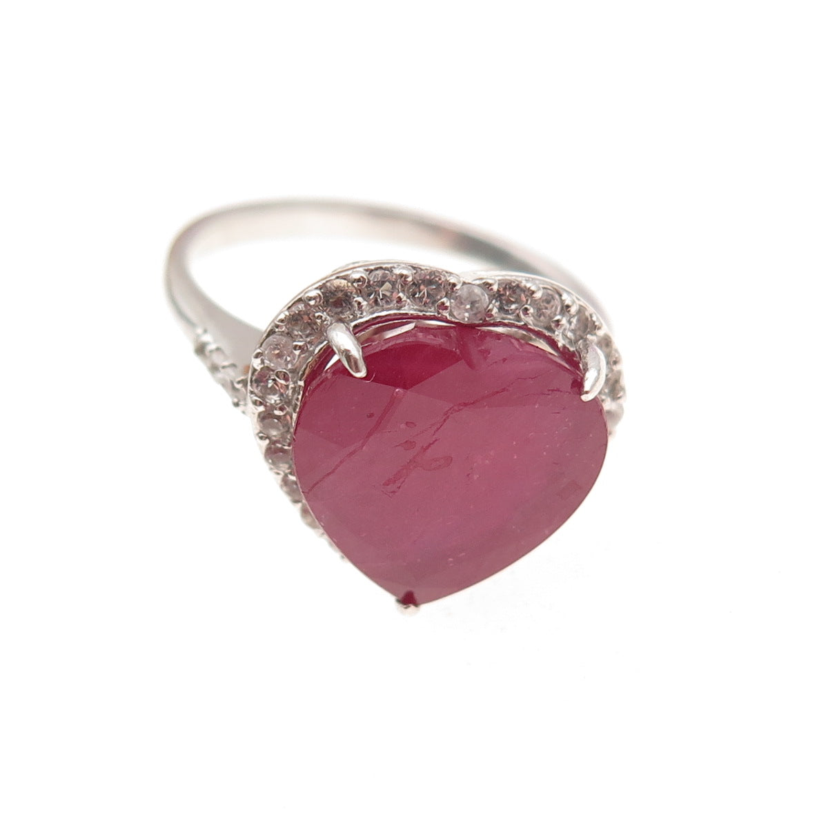 Chuck Clemency 925 Sterling Silver Real Ruby & White Topaz Heart Ring Size 10