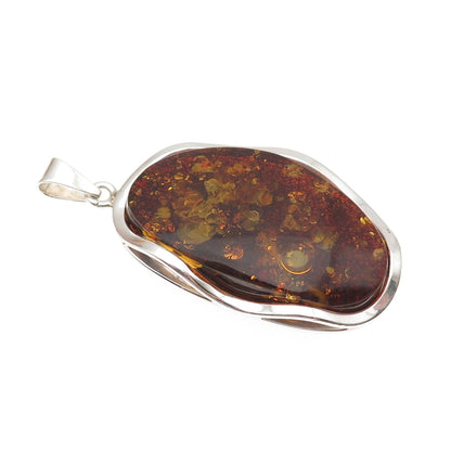 925 Sterling Silver Vintage Poland Real Amber Modernist Pendant