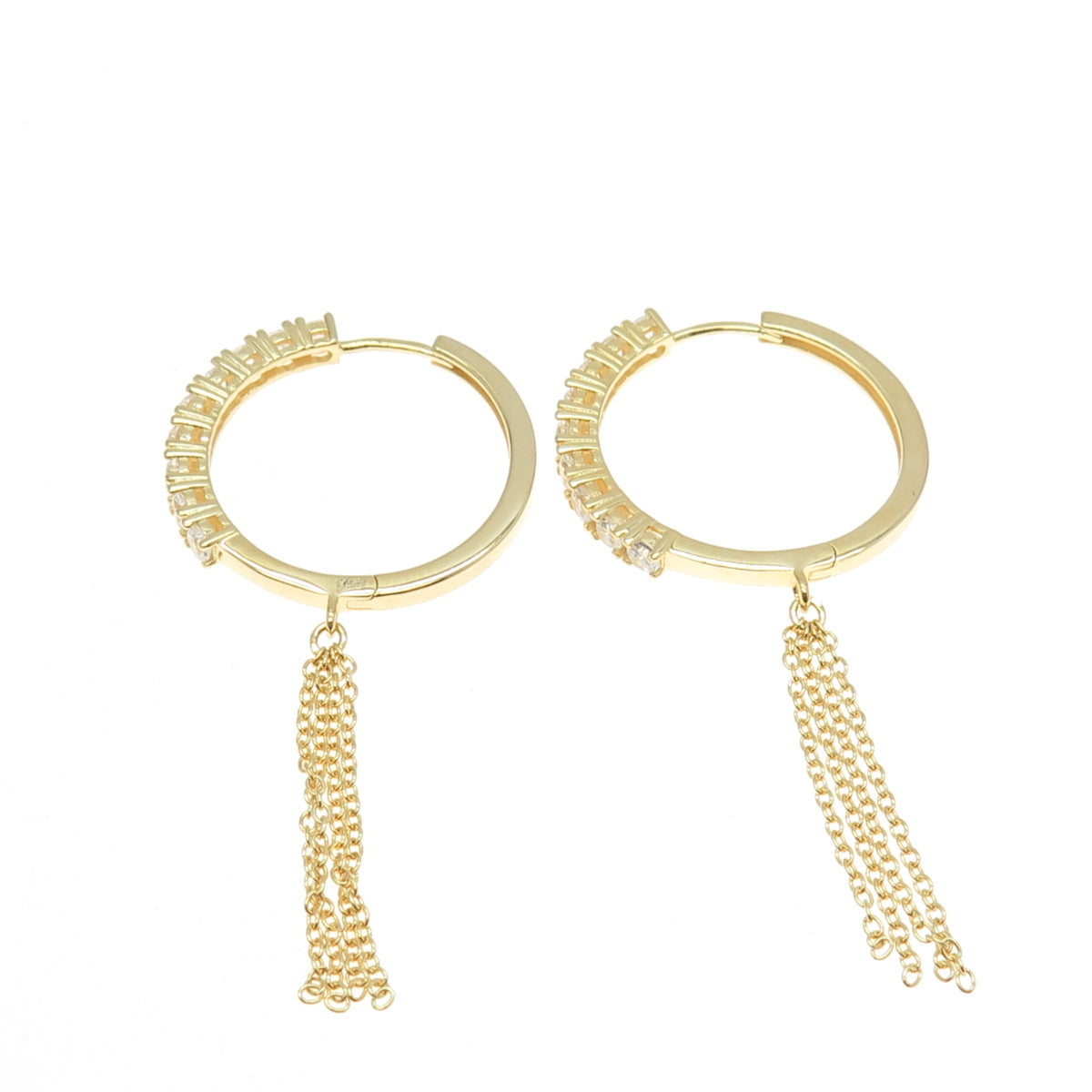 925 Sterling Silver Gold Plated Round-Cut C Z Tassel Hoop Earrings