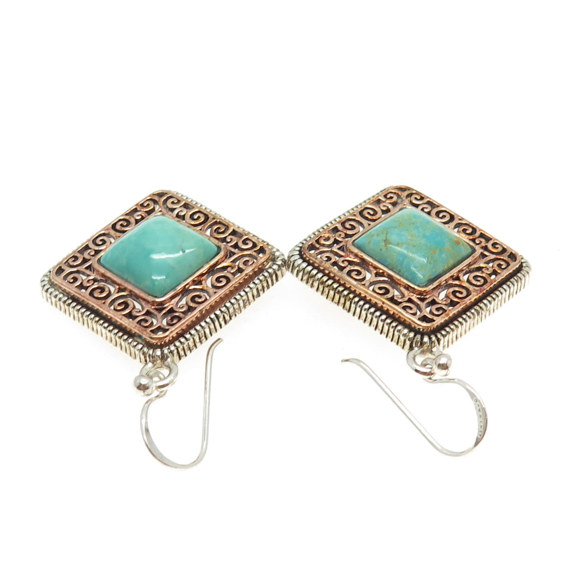 BARSE 925 Sterling Silver 2-Tone Vintage Real Turquoise Ornate Dangling Earrings