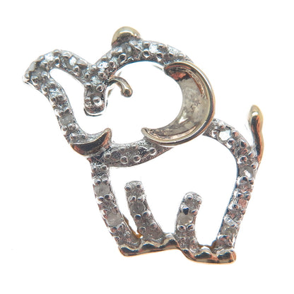 925 Sterling Silver 2-Tone Real Round-Cut Diamond Elephant Minimalist Pendant