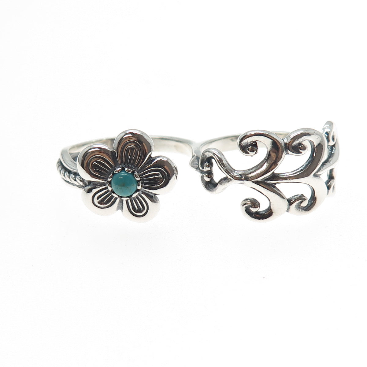 CAROLYN POLLACK 925 Sterling Vintage Turquoise Flower Double-Finger Ring Size 11