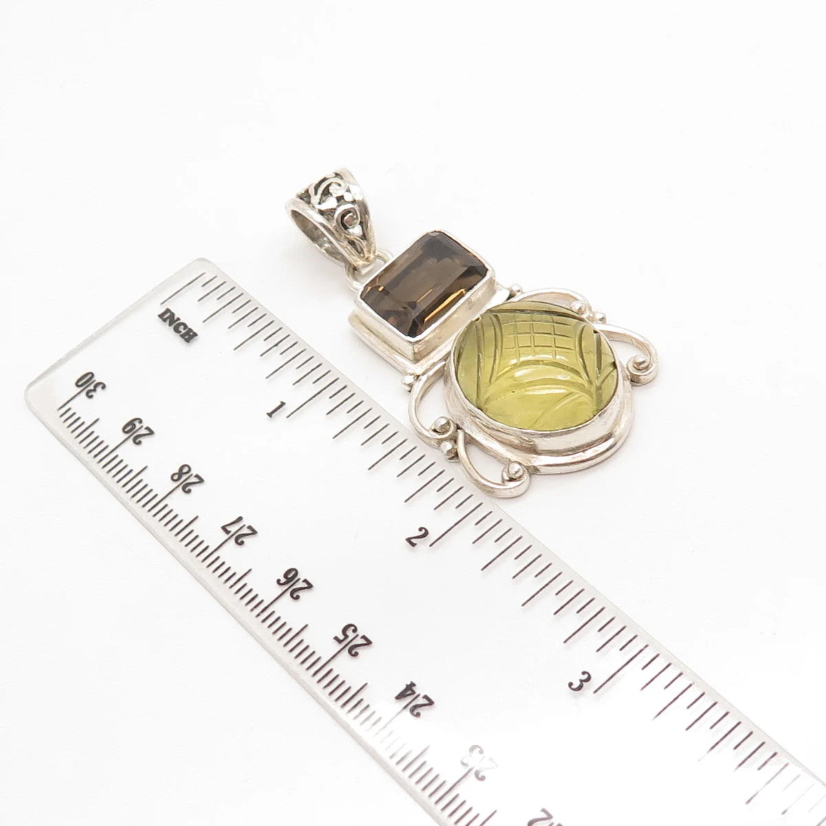 925 Sterling Silver Vintage Real Smoky Quartz & Lemon Citrine Gem Pendant