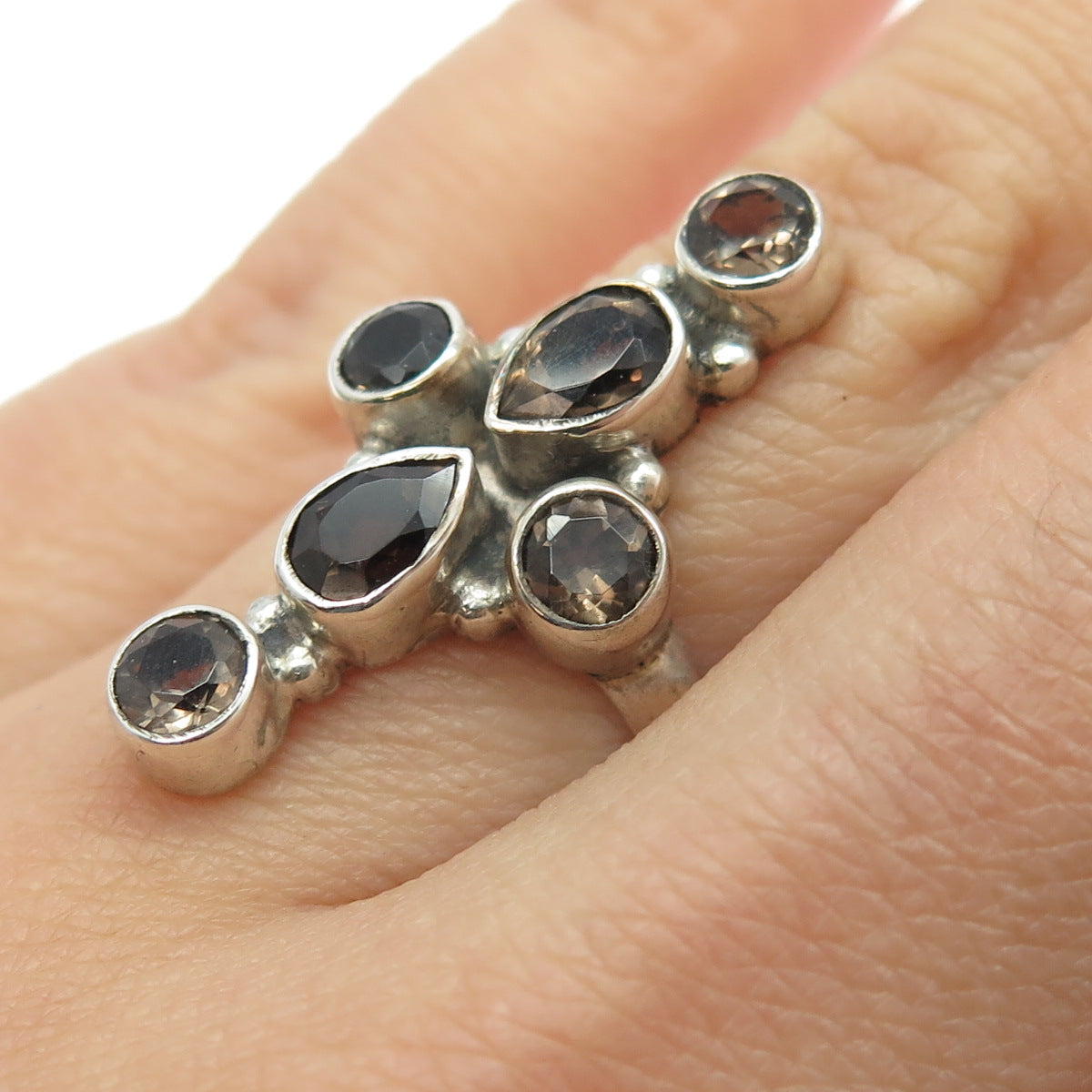 925 Sterling Silver Vintage Real Smoky Quartz Cross Ring Size 7