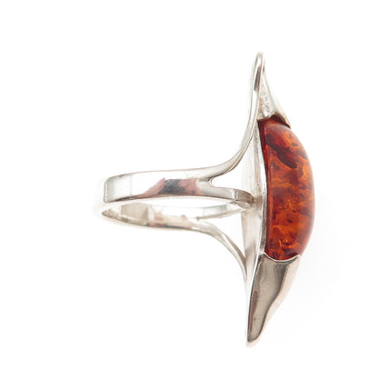 925 Sterling Silver Vintage RJ Czechia Real Amber Modernist Ring Size 7