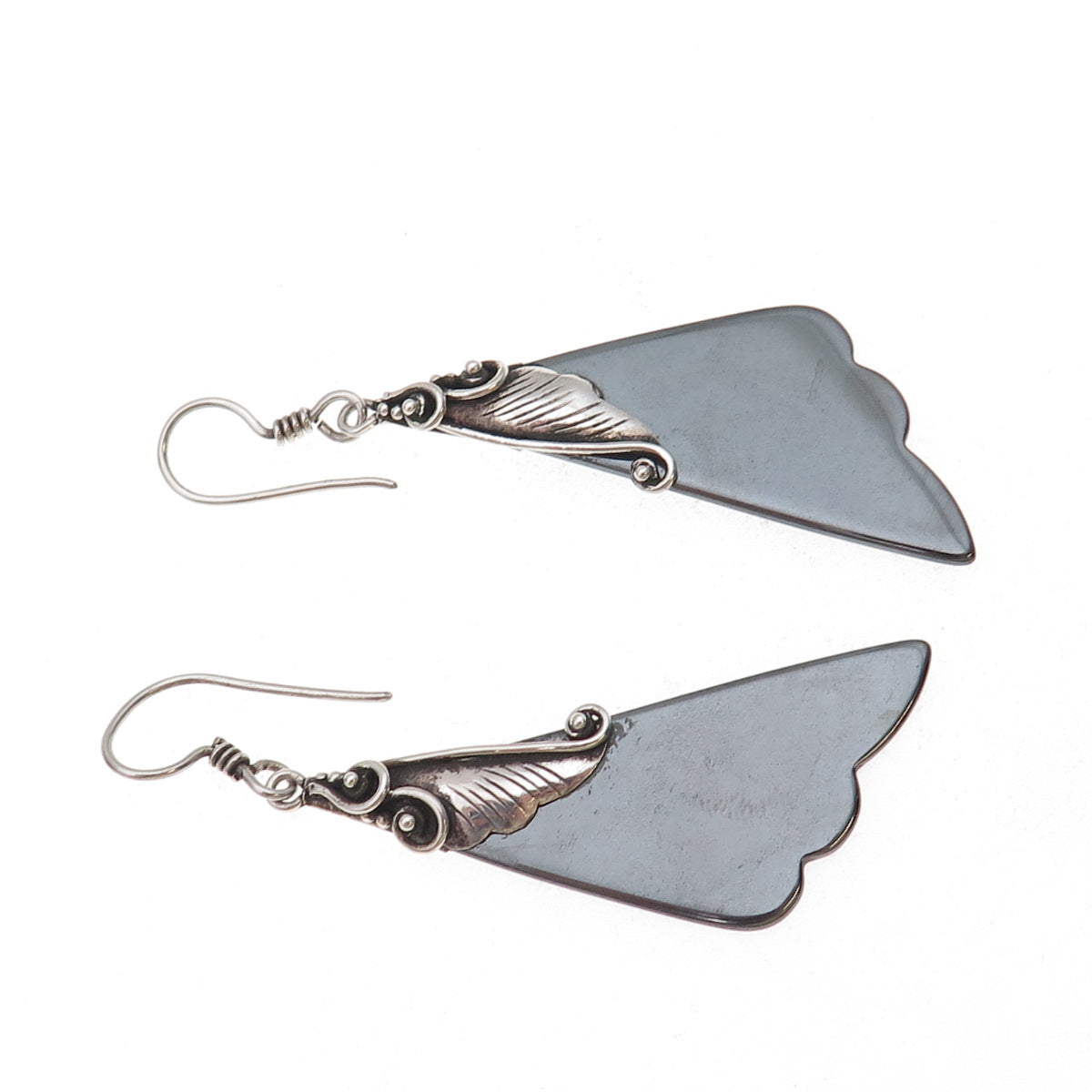 Old Pawn Sterling Silver Vintage Southwestern Hematite Floral Dangle Earrings