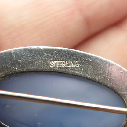 925 Sterling Silver Vintage Real Blue Glass Pin Brooch