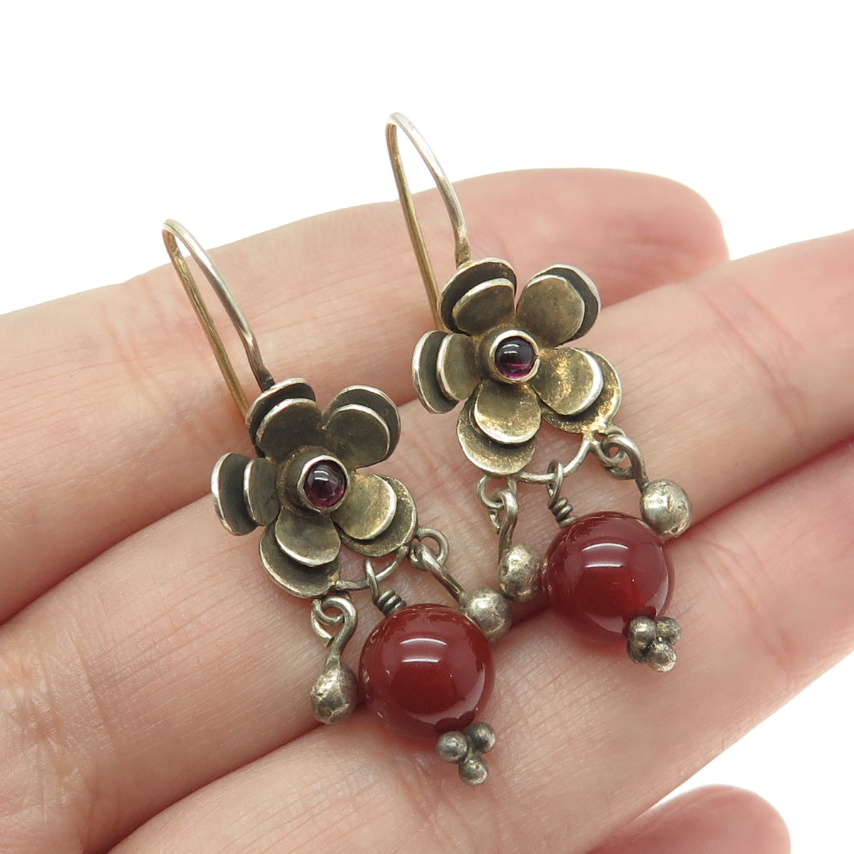 925 Sterling Silver Gold Plated Vintage Real Carnelian Amethyst Flower Earrings