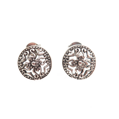 925 Sterling Silver Vintage Heart Cross Disc Oxidized Stud Earrings