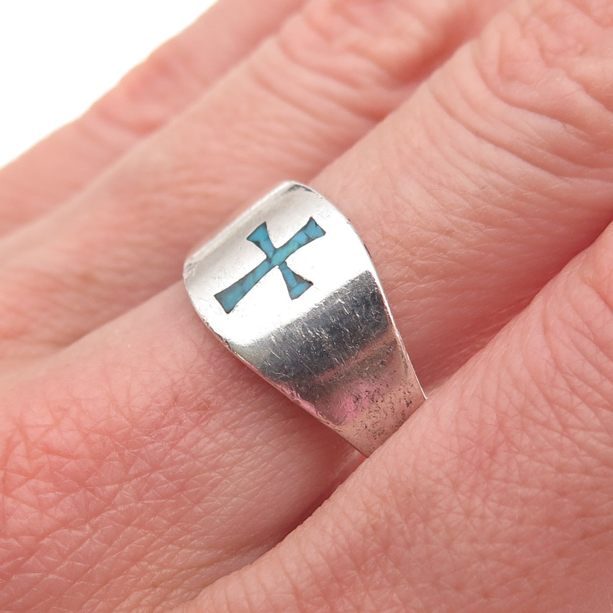 Old Pawn 925 Sterling Silver Vintage Turquoise Inlay Cross Tribal Ring Size 10