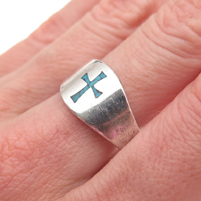Old Pawn 925 Sterling Silver Vintage Turquoise Inlay Cross Tribal Ring Size 10