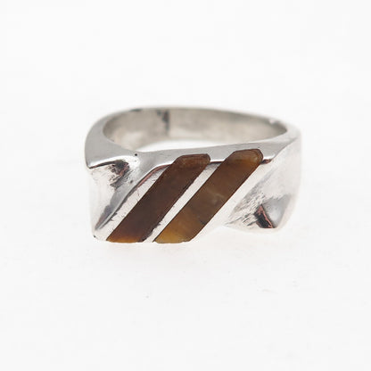 925 Sterling Silver Vintage Mexico Real Tiger Eye Modernist Oxidized Ring Size 6