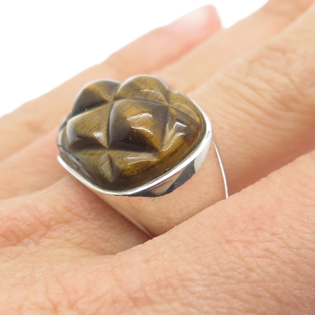 AIL Aluma 925 Sterling Silver Vintage Real Carved Tiger Eye Ring Size 7
