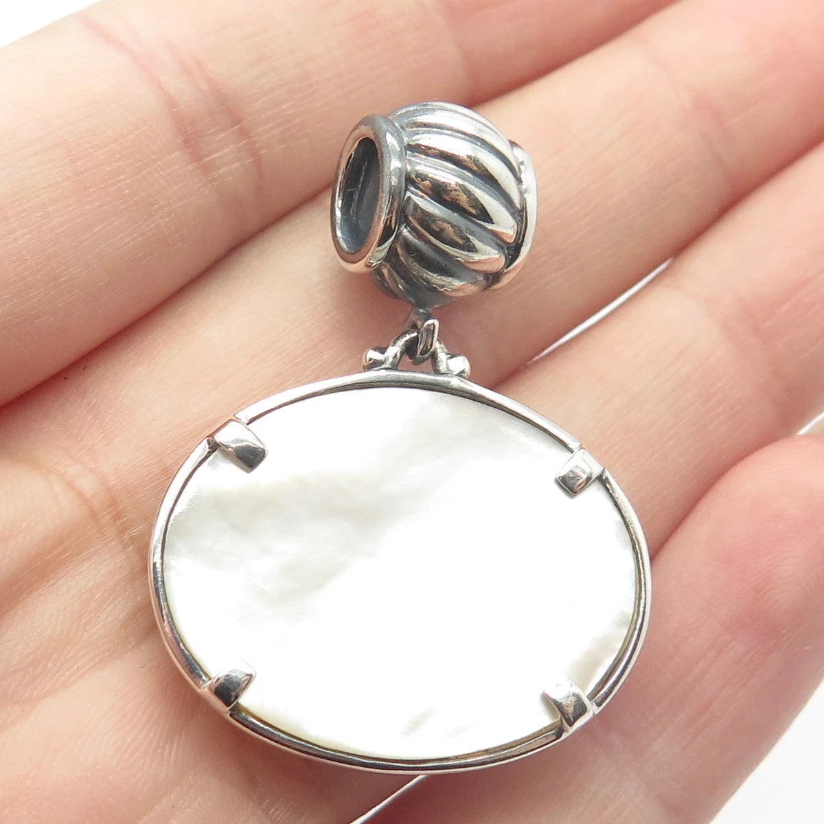 925 Sterling Silver Vintage Real Mother-of-Pearl Dangling Bead Charm