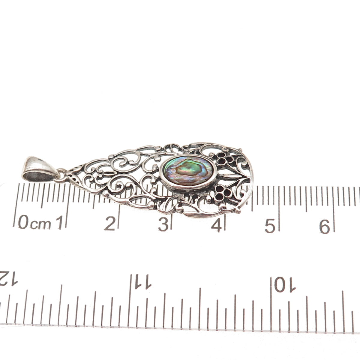 Nevada Sterling Silver Vintage Real Abalone Shell Floral Scroll Charm Pendant