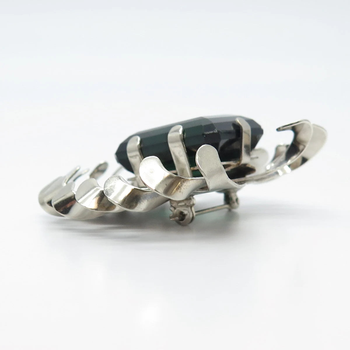 925 Sterling Silver Vintage Green Glass Modernist Pin Brooch