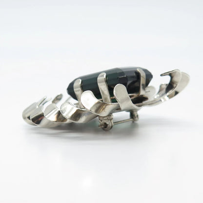 925 Sterling Silver Vintage Green Glass Modernist Pin Brooch