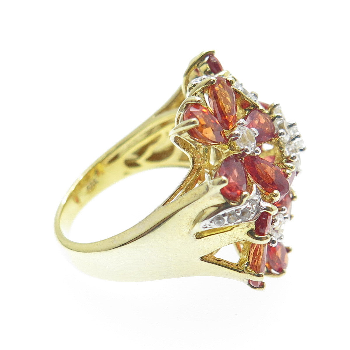 DSMK 925 Sterling Silver Gold Plated Fire Sapphire & White Topaz Ring Size 7.25
