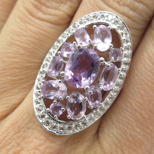 925 Sterling Silver Real Amethyst & White Topaz Cluster Ring Size 7