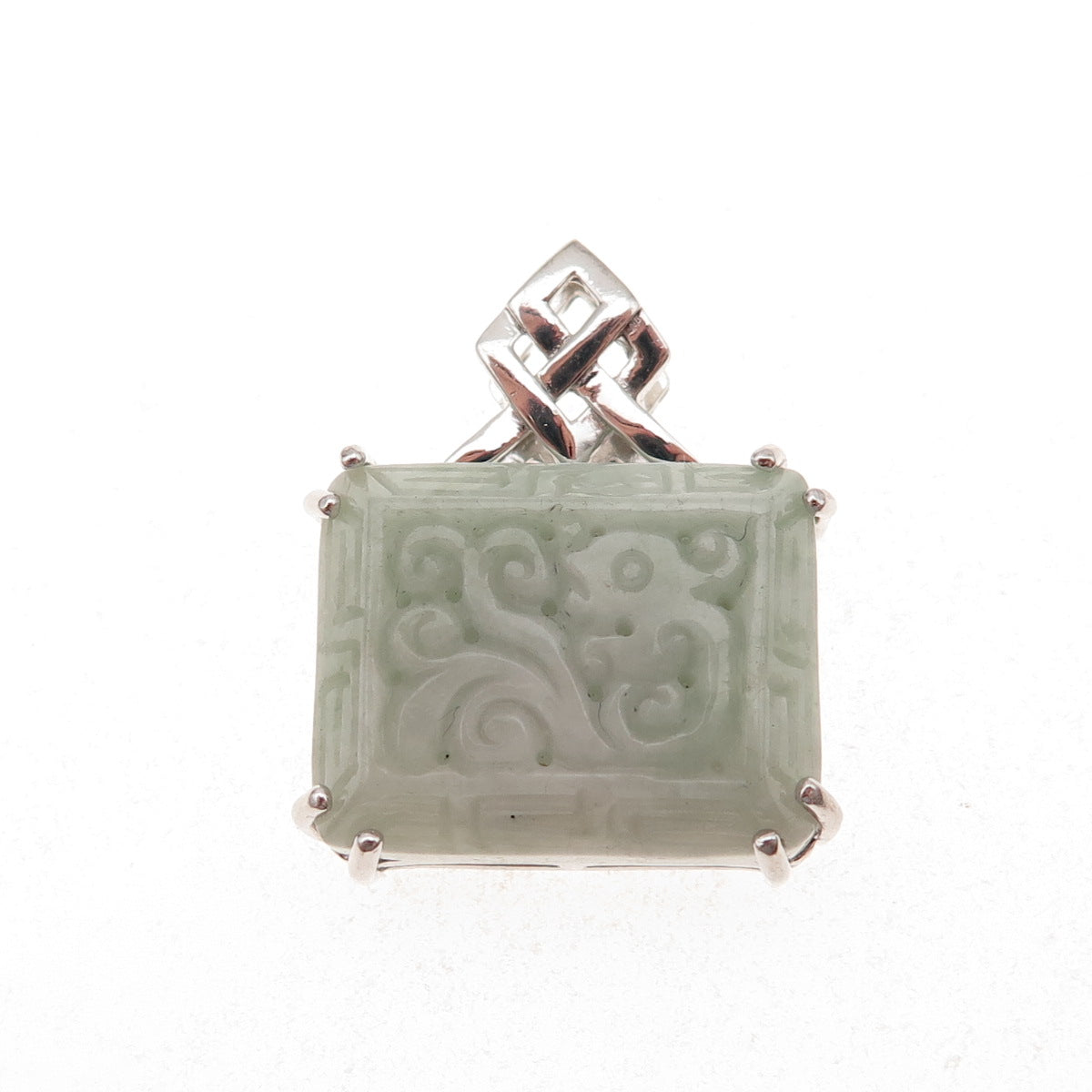 Heng Ngai 925 Sterling Silver Vintage Real Carved Jade Ornate Charm Pendant