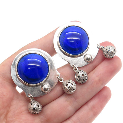 HELEN LONG Old Pawn 925 Sterling Silver Vintage Blue Glass Screw Back Earrings